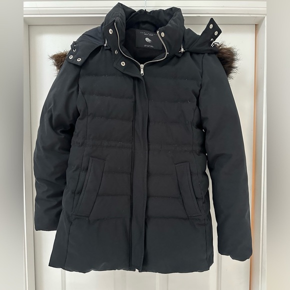 Zara Feather Filled Down Black Jacket With Removable Brown Faux Fur‎ Trim Size L - Picture 1 of 8